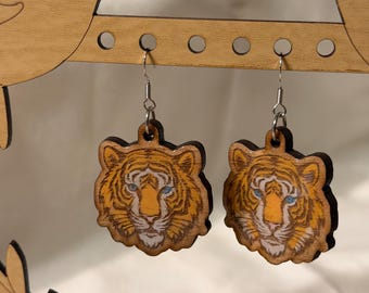 Handpainted laser cut wooden tiger earrings