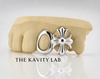 Custom 2pcs Open Face & Floral Cross  Grillz: 925 Sterling Silver (Free Mold Kit)