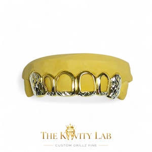 Custom 6pc Two Tones Diamond Cut Tip and Fangs x Open Face Style Grillz: 925 Sterling Silver (Free Mold Kit)