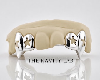 Custom 4pcs Open Stars with Extended Fangs Grillz: 925 Sterling Silver (Free Mold Kit)