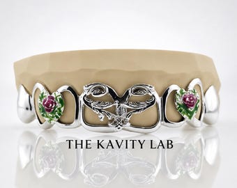 Custom 8pcs Enchanted Rose Vines Open Face Grillz: 925 Sterling Silver (Free Mold Kit)