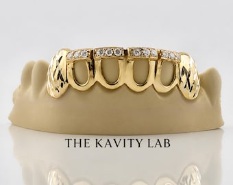 Custom 6pcs Iced Out Front Bar x Diamond Cuts Grillz: 925 Sterling Silver (Free Mold Kit)