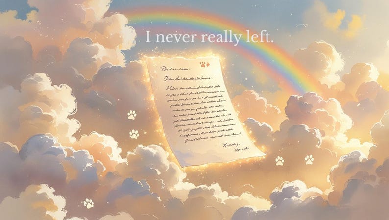 Peut inclure: Illustration numérique avec un arc-en-ciel au-dessus de nuages. Un parchemin lumineux avec du texte manuscrit et des empreintes de pattes flotte dans le ciel. Le texte dit "I never really left."