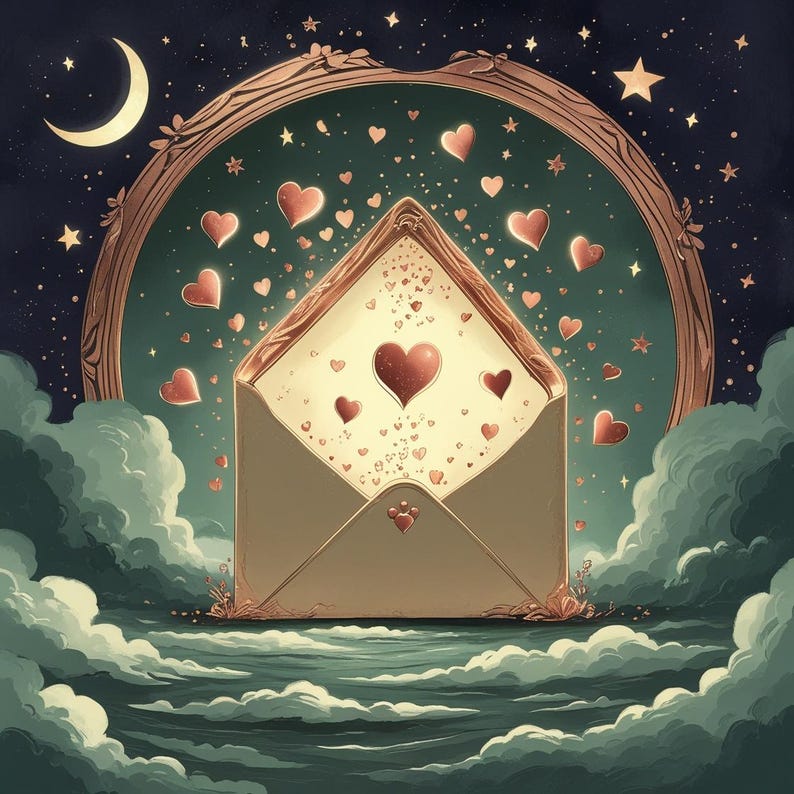 Peut inclure: Illustration d'une enveloppe dorée avec une lettre remplie de cœurs, entourée de cœurs flottants. Le fond présente un ciel nocturne avec une lune, des étoiles et un cadre décoratif. La scène se déroule au milieu de nuages moelleux.