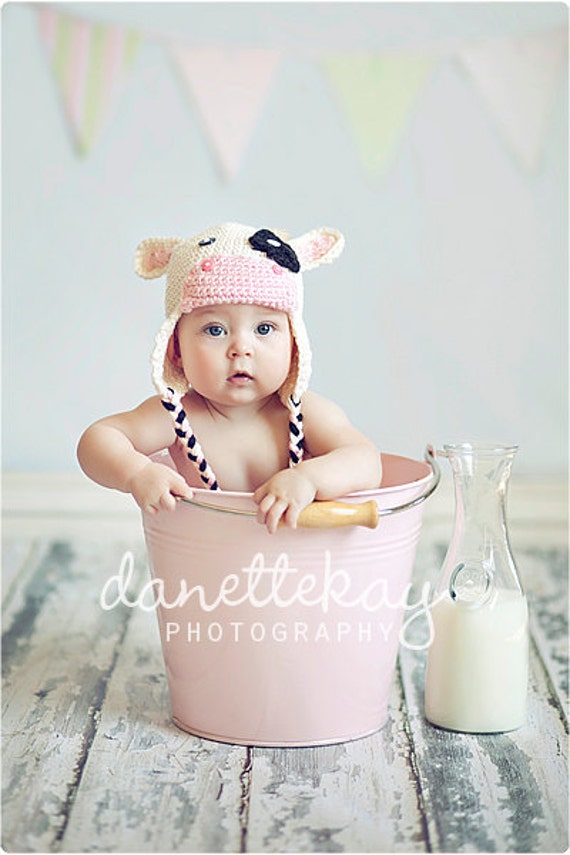 Items similar to Baby Cow earflap hat 03 months Photography Prop on Etsy