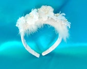 Flowered, Feathered, and Pearled Bridal Headpiece, Tiara or Headband