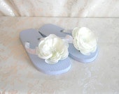 Bridal Flip Flops, Hawaiian Slippers, White Satin Wrapped and Embellished With a Creamy White Flower
