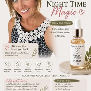 May include: A 1 oz glass dropper bottle labeled Pretty N Pink Oils By Tami Night Time Magic. The promotional graphic includes text detailing skincare benefits, icons for cruelty-free and natural ingredients, and the website PrettynPinkOils@etsy.com.