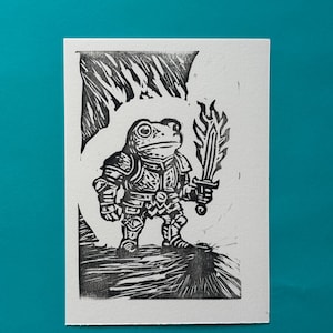 The Brave Frog Knight—Hand-Carved Medieval Fantasy Block Print