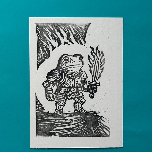 The Brave Frog Knight—Hand-Carved Medieval Fantasy Block Print