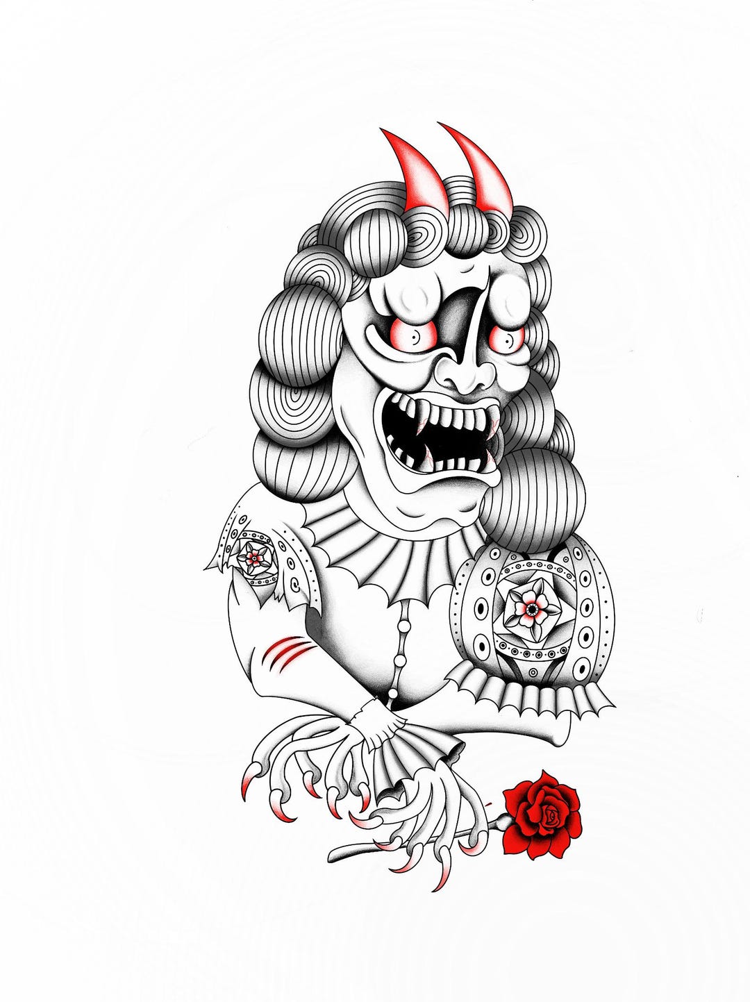 Old School Demon Lady Tattoo Flash – Bold Lines & Red Accents (digital ...