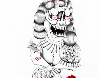 Old School Demon Lady Tattoo Flash – Bold Lines & Red Accents (Digital Download + Linework)