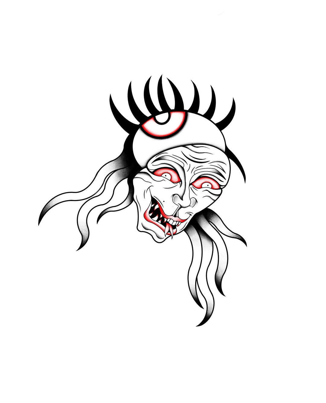 Old School Demon Head Tattoo Flash – Bold Lines & Red Accents (digital ...