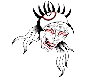 Old School Demon Head Tattoo Flash – Bold Lines & Red Accents (Digital Download + Linework)