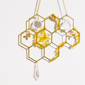 Honeycomb suncatcher, Bee crystal suncatcher, Gold crystal suncatcher, Crystal window suncatcher, Bee light catcher, Boho crystal suncatcher