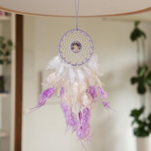 Boho feather dreamcatcher, Purple dreamcatcher, Dreamcatcher wall hanging, Dreamcatcher with crystals, Dreamcatcher wall decor