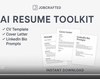May include: A digital advertisement for an AI Resume Toolkit. The image features the JobCrafted logo, the title "AI Resume Toolkit", and a list of included items: CV Template, Cover Letter, and LinkedIn Bio Prompts. Three sample documents are displayed, with the words "Resume", "Cover Letter", and "LinkedIn Bio Prompts" visible. The words "Instant Download" are also displayed.