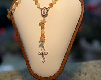 Handmade Floral Rosary, Yellow Orange Beads