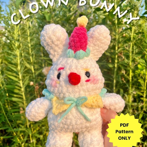 Clown Bunny Crochet Pattern - Low Sew PDF Digital Pattern