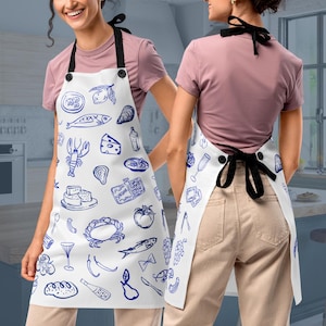 Whimsical Coastal Italian Seafood Cuisine Apron, Hand Drawn Style Fruit De Mare Home Cooking Apron, Fun Gift for Chef Cooking Lovers