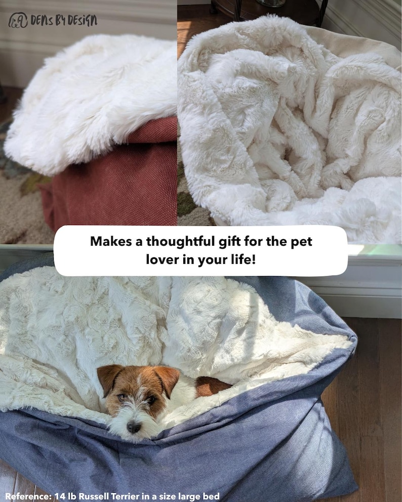 May include: A plush, cream-colored pet bed with a soft, faux fur blanket. The bed is a large size, with a blue denim exterior. A small dog is nestled inside. Text reads: "Makes a thoughtful gift for the pet lover in your life!"