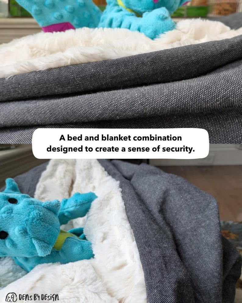 May include: A bed and blanket combination designed to create a sense of security. The image shows a gray bed with a white fluffy blanket and a blue stuffed animal. The text in the image says "A bed and blanket combination designed to create a sense of security."