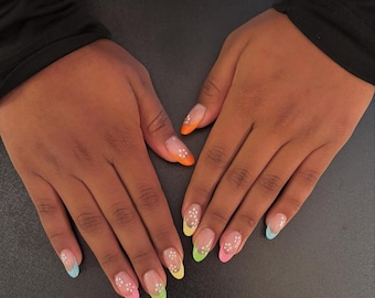 Multicolor French Tips with Flowers