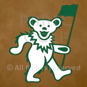 May include: A white dancing bear graphic with a dark green outline and a dark green golf flag on a textured brown background. The text PANIC GOLF is visible in the center, and the text All Rights Reserved is visible at the bottom.