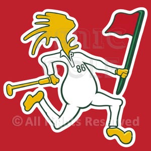 May include: A cartoon sticker on a red background featuring a white figure with yellow hair, yellow shoes, and yellow gloves. The figure wears a white shirt with the number 86, holds a yellow club, and carries a green pole with a red flag.