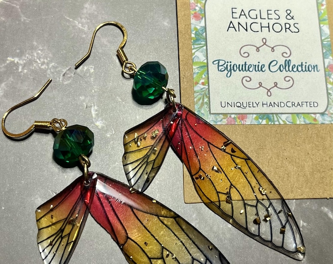 Featured listing image: Green Jeweled Dragonfly Wing Earring with Gold Flakes | Gift Box Option Available