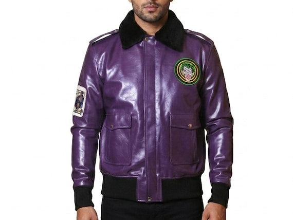 Men's Purple Joker Bomber Leather Jacket – Handmade Villain
