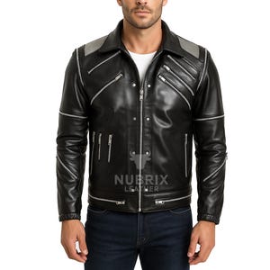 Michael Jackson Beat It Black Leather Jacket | Mens Rockstar Costume Jacket | MJ Tribute Cosplay Zipper Jacket Concert Stage Wear