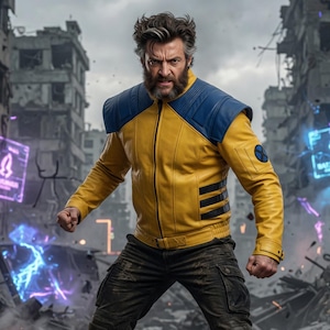 May include: A yellow leather jacket with blue shoulder accents and black stripes on the sleeves. The jacket features a circular patch on the left arm. The person is wearing dark cargo trousers in a destroyed urban environment.