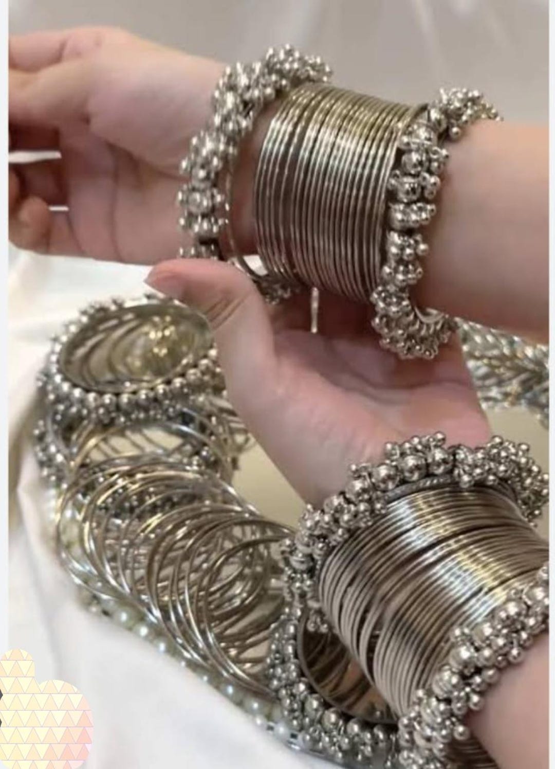 Silver Bangles Set: 36 Thin Antique Style Metal Bangles