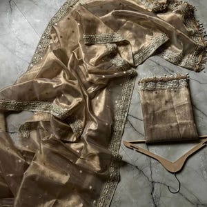 Banarasi soft Tissue saree in golden beige with handcrafted Embroidered Lace border Elegant indian wedding saree party wear festive drape
