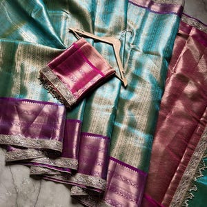 Elegant banarasi soft tissue silk saree in double shade with Rich zari weave cantras blouse lace border festive wedding wear