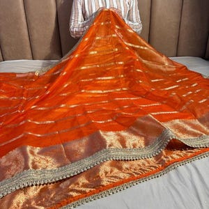 Elegant orange Banarasi soft organza silk saree with golden zari stripes & Embellished Lace Border| Festive and wedding wear Look