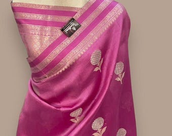 Sari de seda suave Banarasi, tejido floral dorado Zari Buta