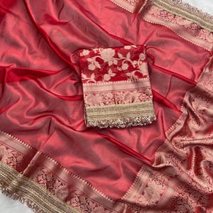 Banarasi Tissue Silk Saree: Red Zari Woven Floral Border, Wedding Lace