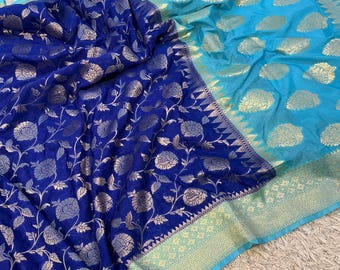 Sari de seda suave banarasi tejido a mano. Trabajo con zari rico. Ropa para bodas y festividades. Sari tradicional indio.