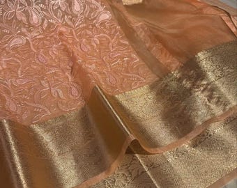 Perzik Banarasi Saree, Zari-borduursel, zijde organza