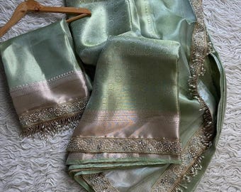 Mint Green Banarasi Tissue Silk Saree with Lace Border | Indian Wear