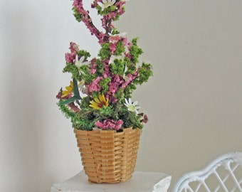 A Miniature Pink Flowering Tree in a Basket, Dollhouse Scale