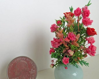 Miniature Vase Filled with Red Roses and Flowers, Dollhouse Scale