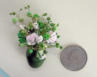 Lovely White Roses and Sprays of Green Flowers in a Miniature Vase, 12th Scale