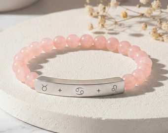 18K Gold Zodiac Bracelet, Custom Engraved Natural Stone Bracelet, Sun Moon Rising Sign, Personalized Horoscope Bracelet, Stainless Steel