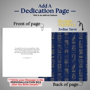 May include: Image showing a dedication page design option for a book. The front page has a message, and the back page features a Zodiac Tarot design. Text includes "Add A Dedication Page" and "Write your Message in the PERSONALIZATION BOX."