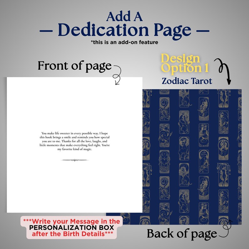 May include: Image showing a dedication page design option for a book. The front page has a message, and the back page features a Zodiac Tarot design. Text includes "Add A Dedication Page" and "Write your Message in the PERSONALIZATION BOX."