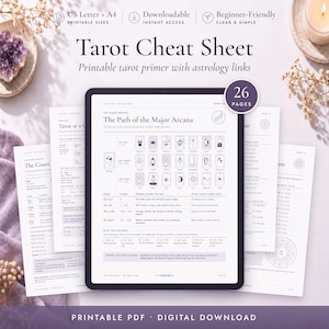 May include: A digital tablet displays a 26-page Tarot Cheat Sheet with the title The Path of the Major Arcana. The document includes text, diagrams, and illustrations of tarot cards. The screen shows a printable PDF guide for tarot reading.