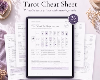 May include: A digital tablet displays a 26-page Tarot Cheat Sheet with the title The Path of the Major Arcana. The document includes text, diagrams, and illustrations of tarot cards. The screen shows a printable PDF guide for tarot reading.